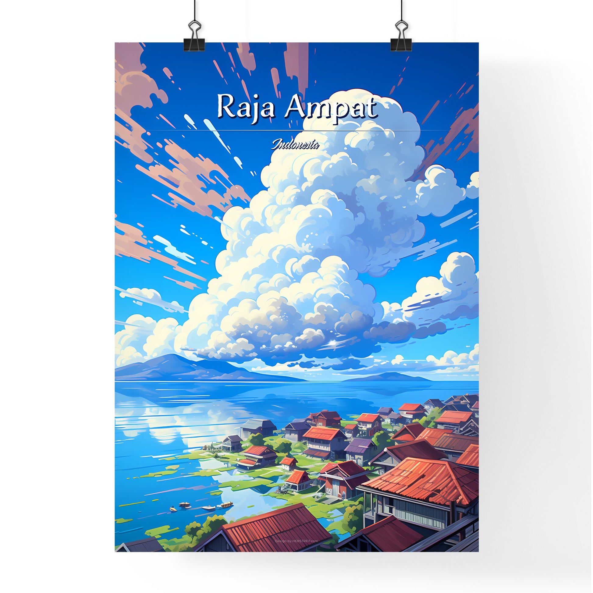 On the roofs of Raja Ampat, Indonesia - Art print of a landscape of a village with red roofs and a body of water Default Title