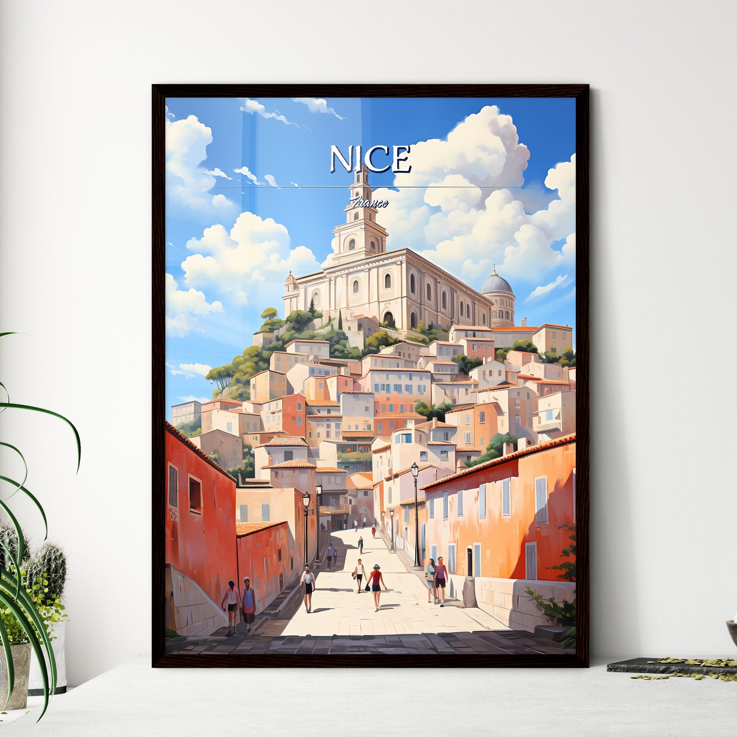 Nice, France - Art print of a street with buildings and a large building on top Framed Art