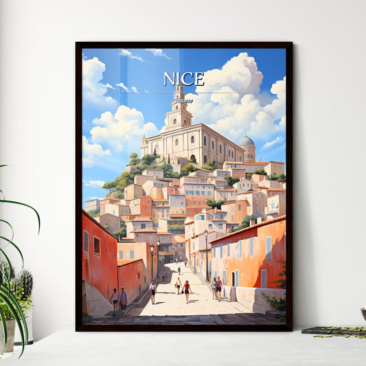 Nice, France - Art print of a street with buildings and a large building on top Framed Art