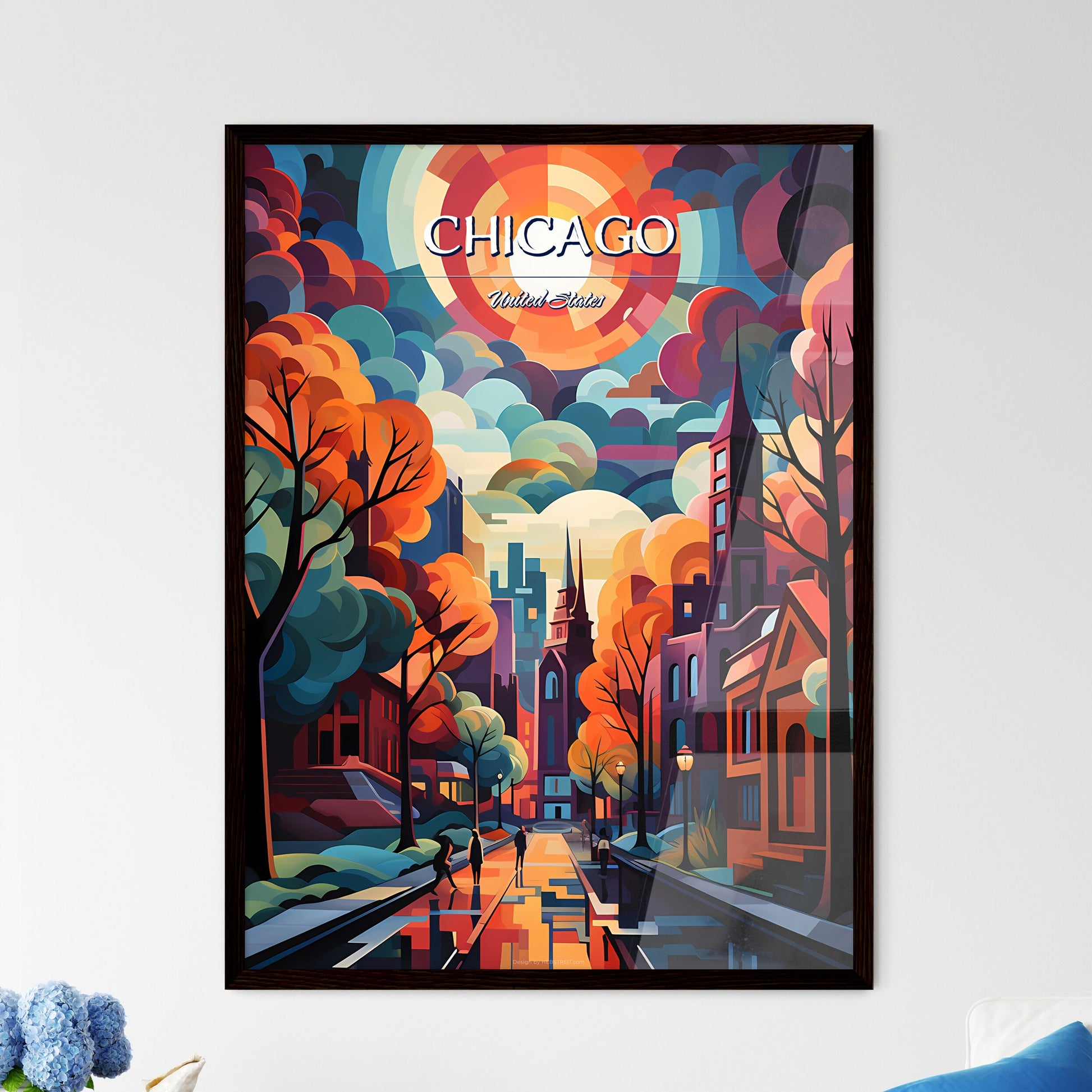 Chicago - Art print of a colorful city landscape with trees and buildings Framed Art