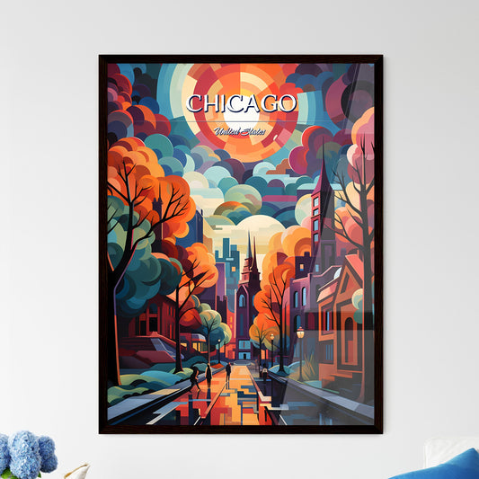 Chicago - Art print of a colorful city landscape with trees and buildings Framed Art