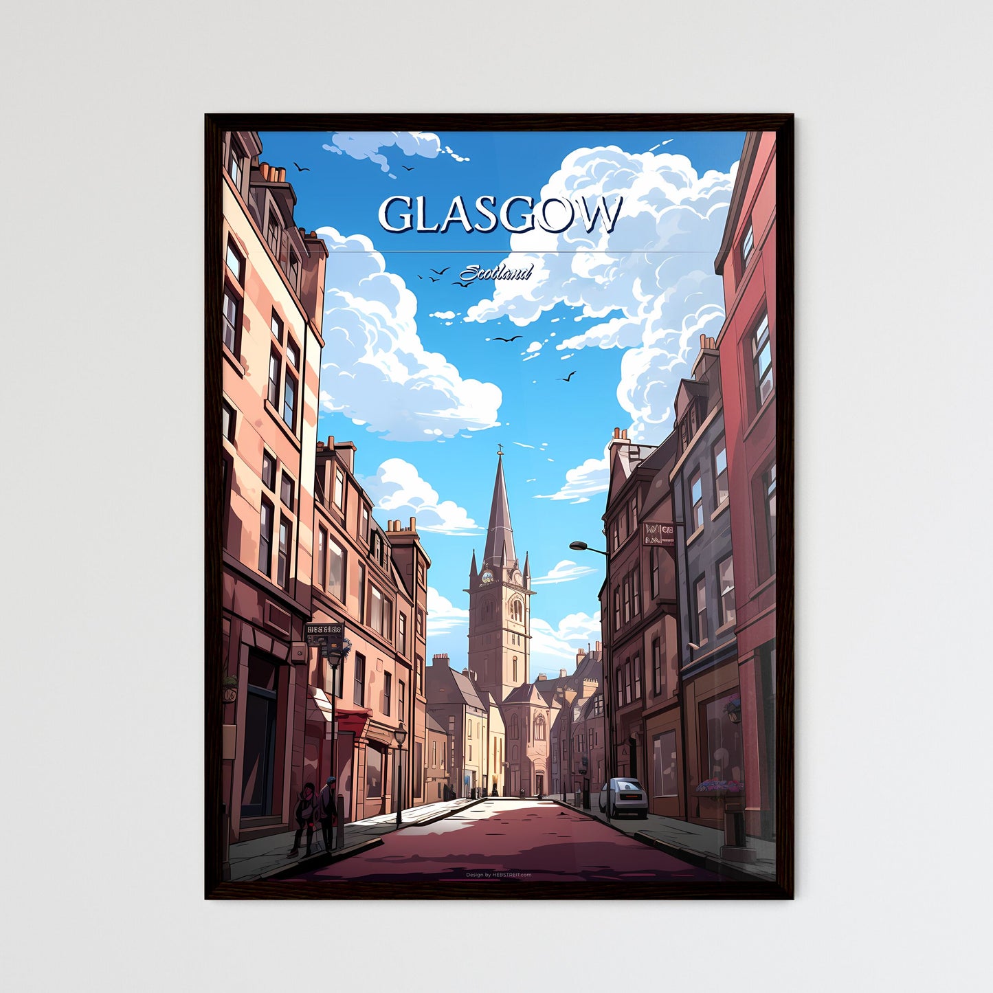 Glasgow, Scotland - Art print of a street with buildings and a tall tower Framed Art