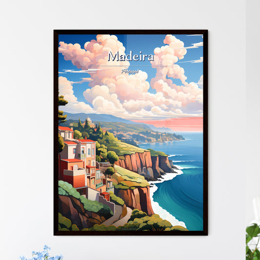 Madeira, Portugal - Art print of a landscape of a cliff with buildings and trees on it Framed Art