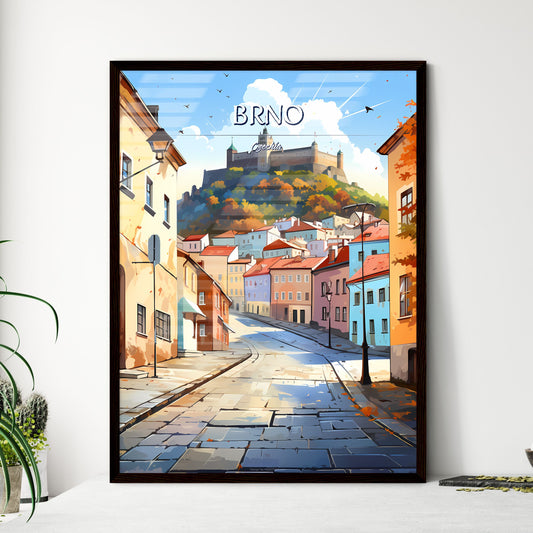 Brno, Czechia - Art print of a street with buildings and a castle on the hill Framed Art