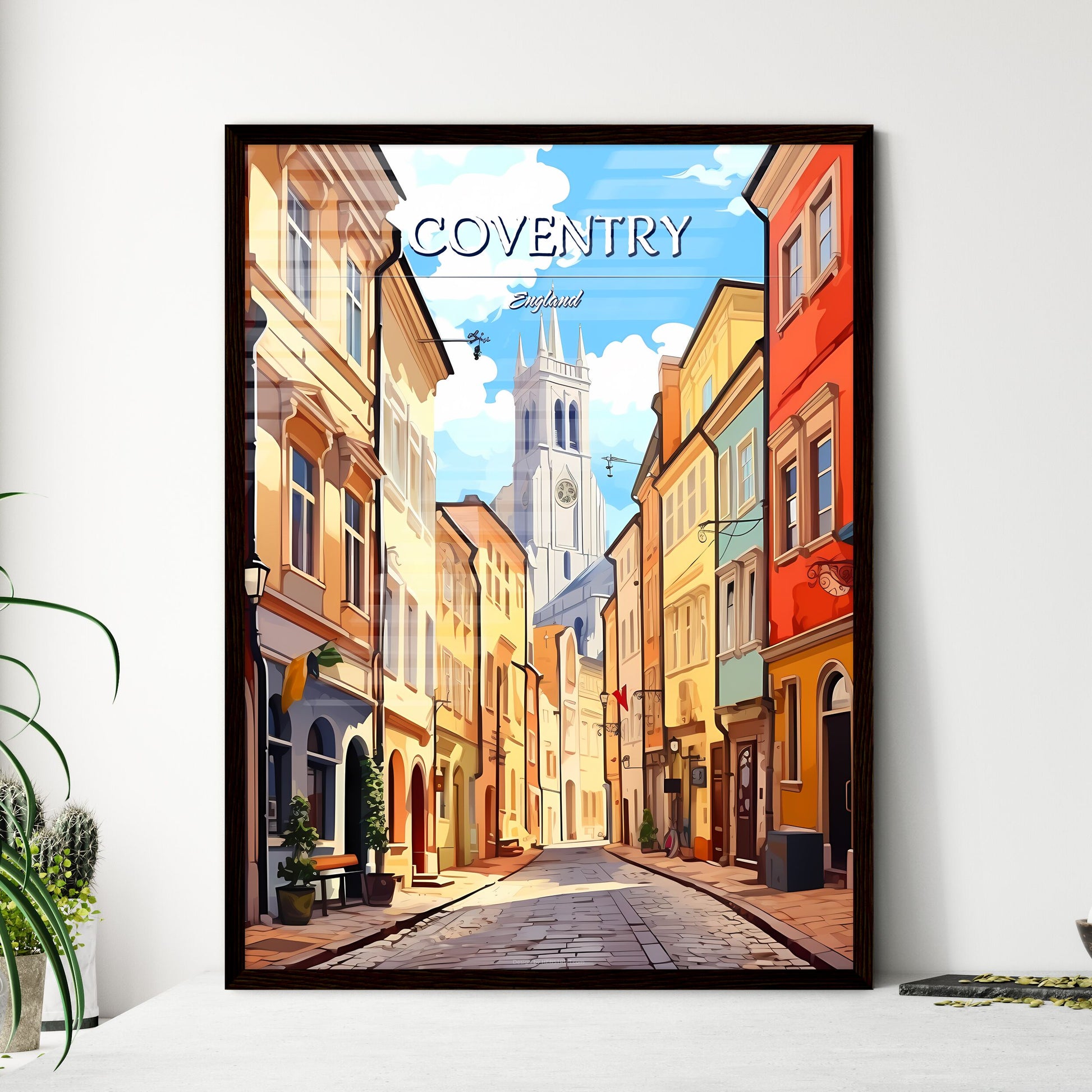 Coventry, England - Art print of a street with buildings and a tower in the background Framed Art