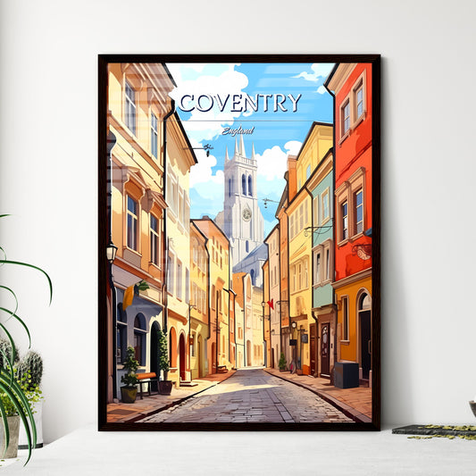 Coventry, England - Art print of a street with buildings and a tower in the background Framed Art