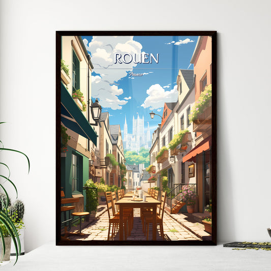 Rouen, France - Art print of a street with tables and chairs in a city Framed Art