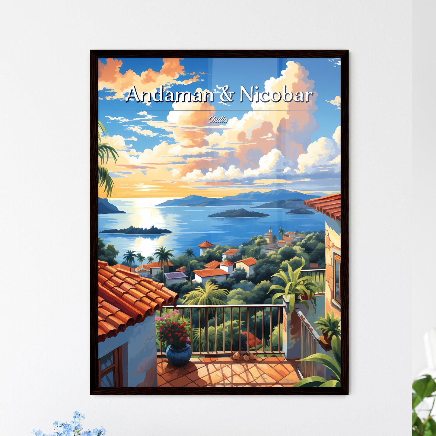 On the roofs of The Andaman & Nicobar Islands, India - Art print of a view of a town from a balcony overlooking a body of water Framed Art