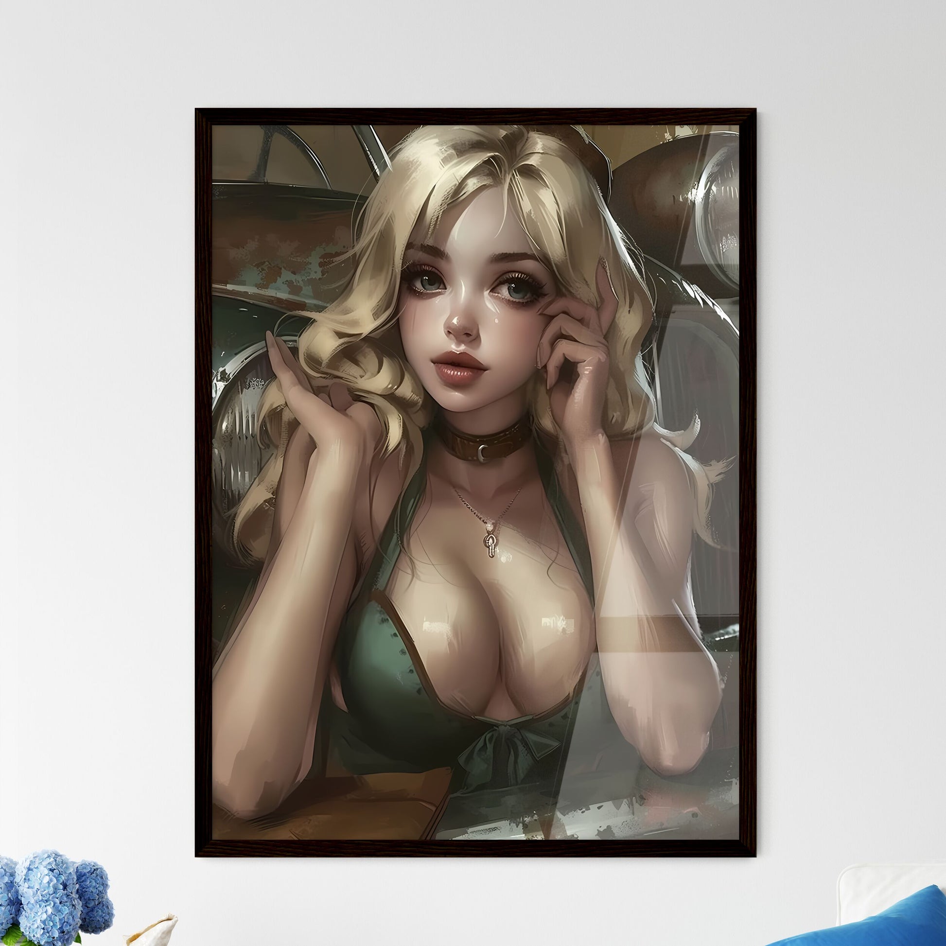 The vintage pin up girl leaning on a car - A - Framed Art Print