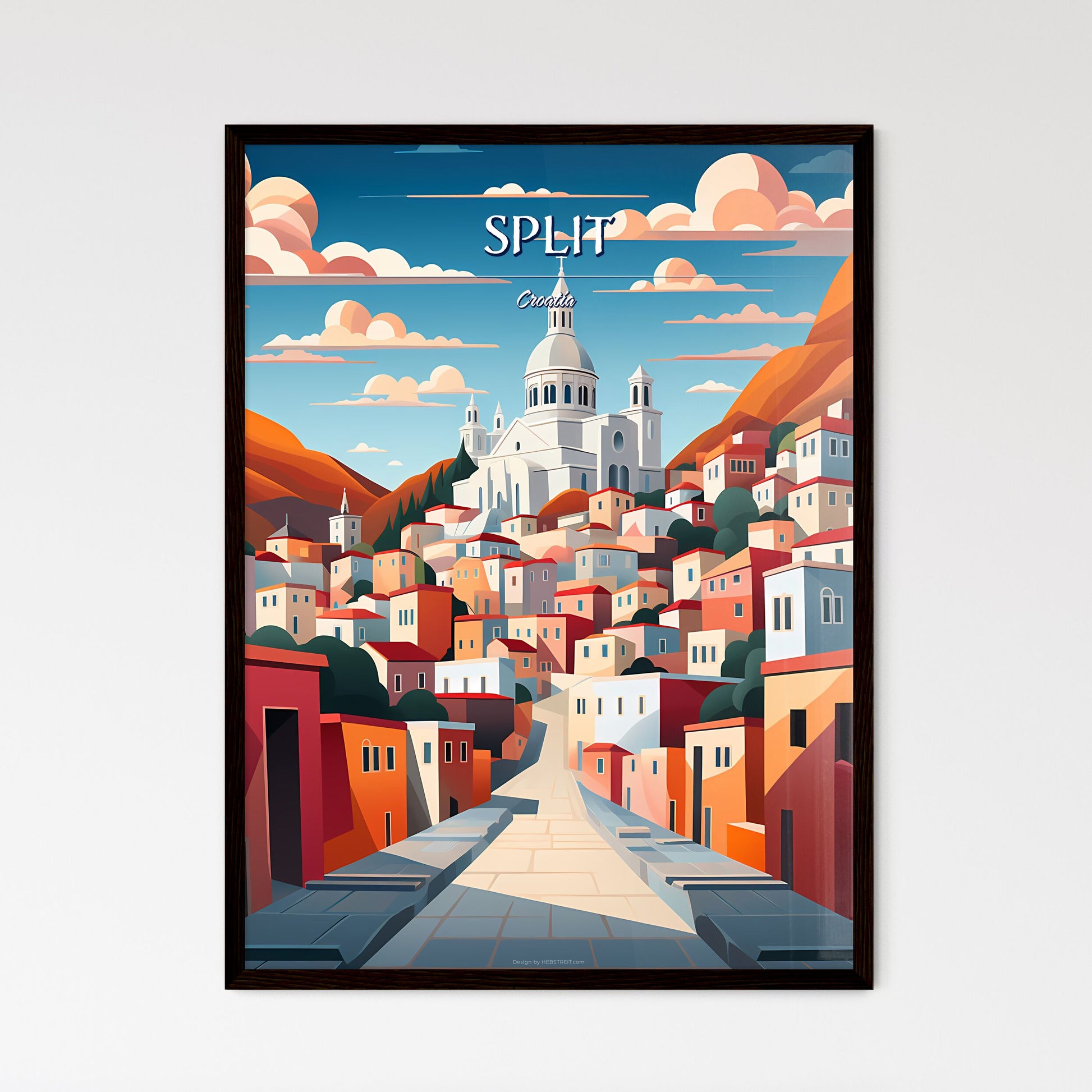 Split, Croatia - Art print of a city with a church on the hill Framed Art
