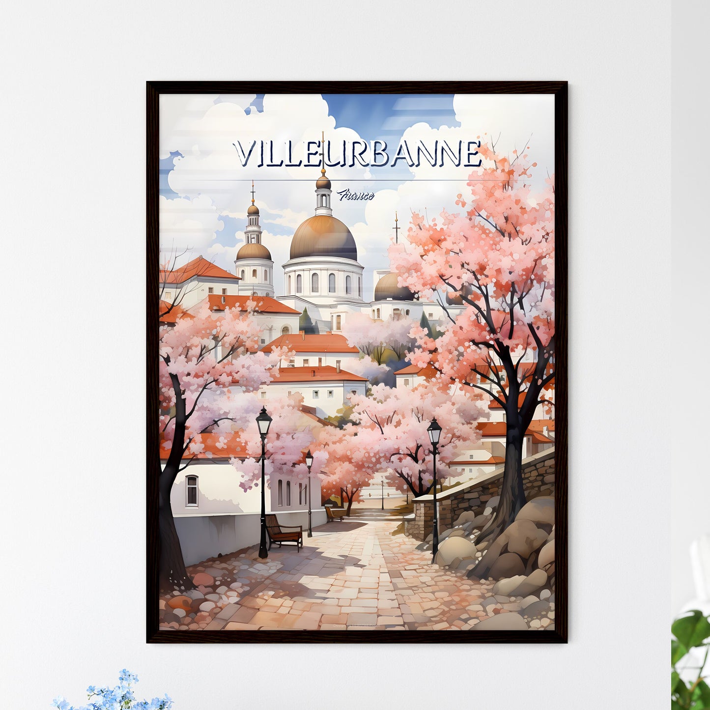 Villeurbanne, France - Art print of a street with trees and a building with domes Framed Art