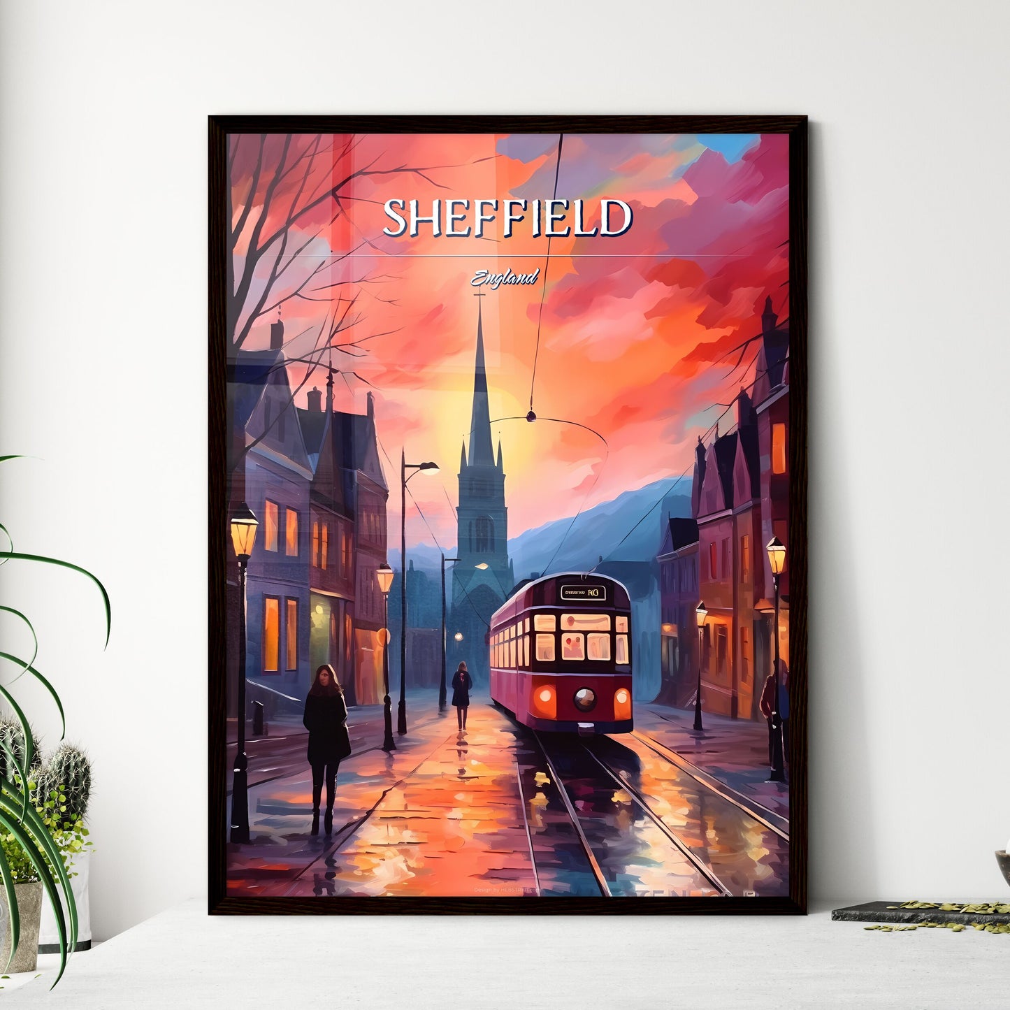 Sheffield, England - Art print of a painting of a street with a train and people walking on it Framed Art