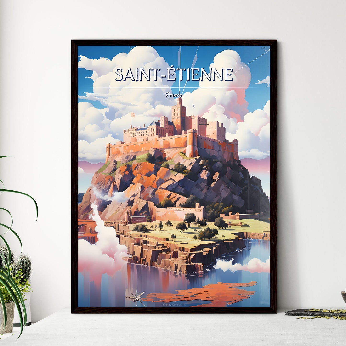 Saint-Étienne, France - Art print of a castle on a hill with clouds and water Framed Art