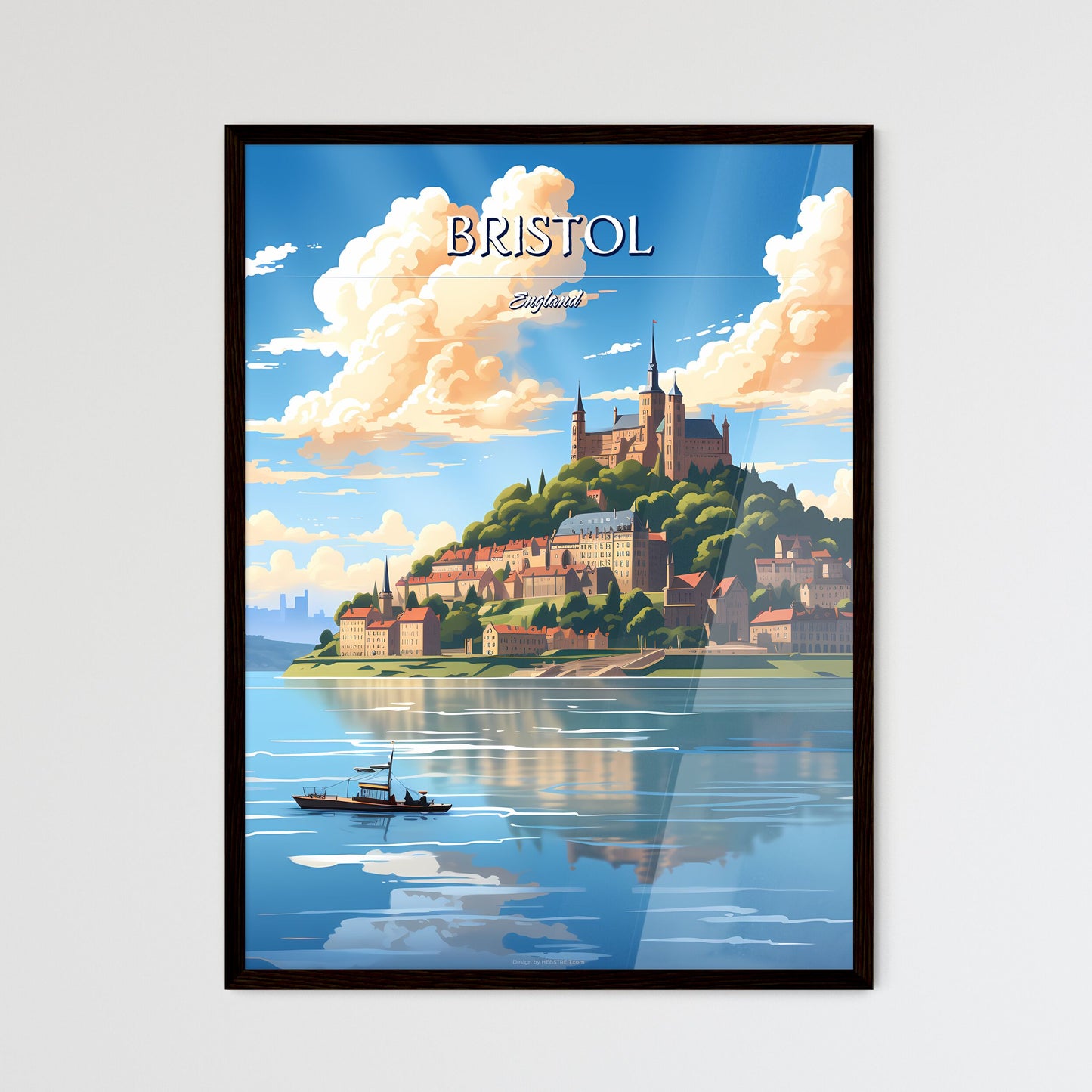 Bristol, England - Art print of a castle on a hill with a boat in the water Framed Art