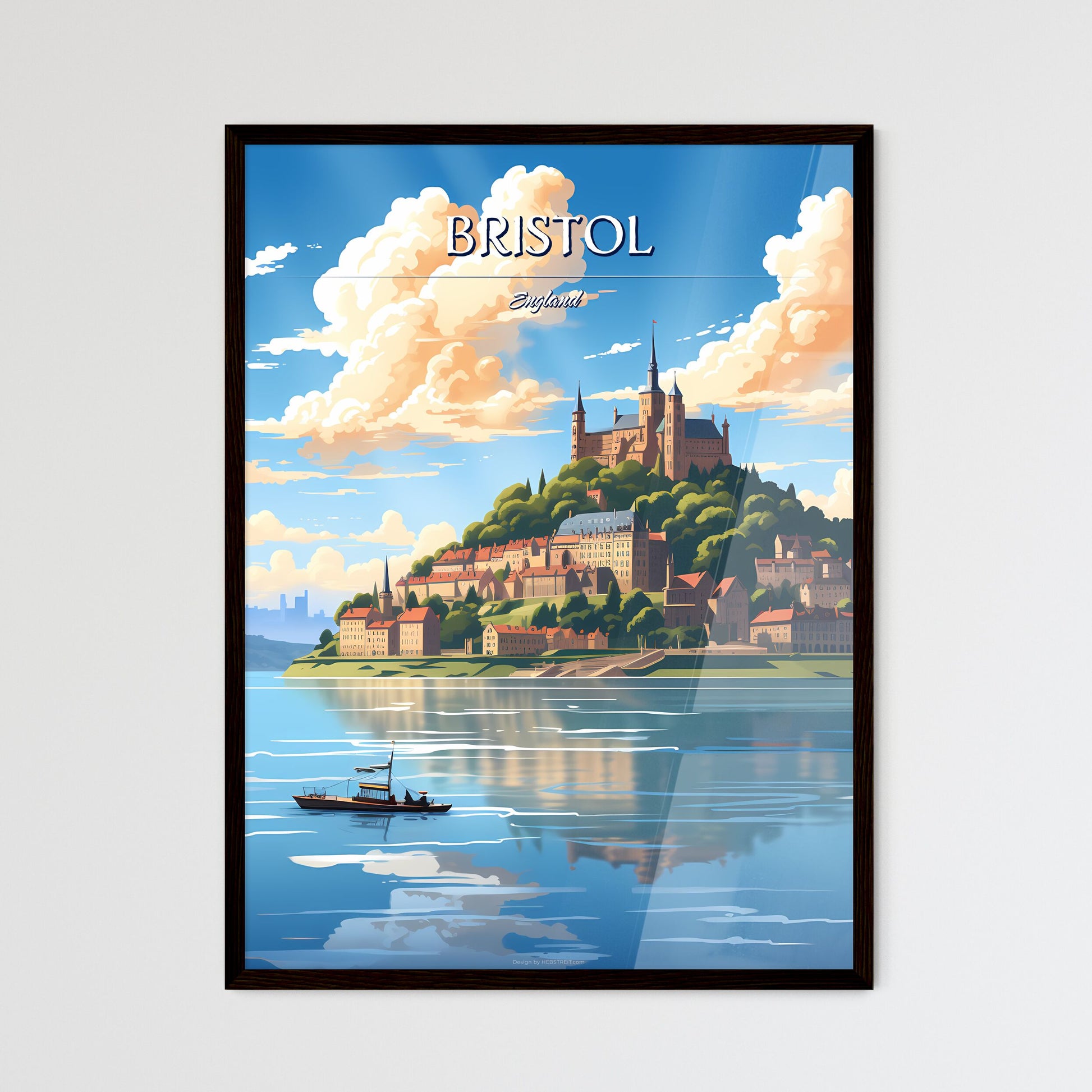 Bristol, England - Art print of a castle on a hill with a boat in the water Framed Art
