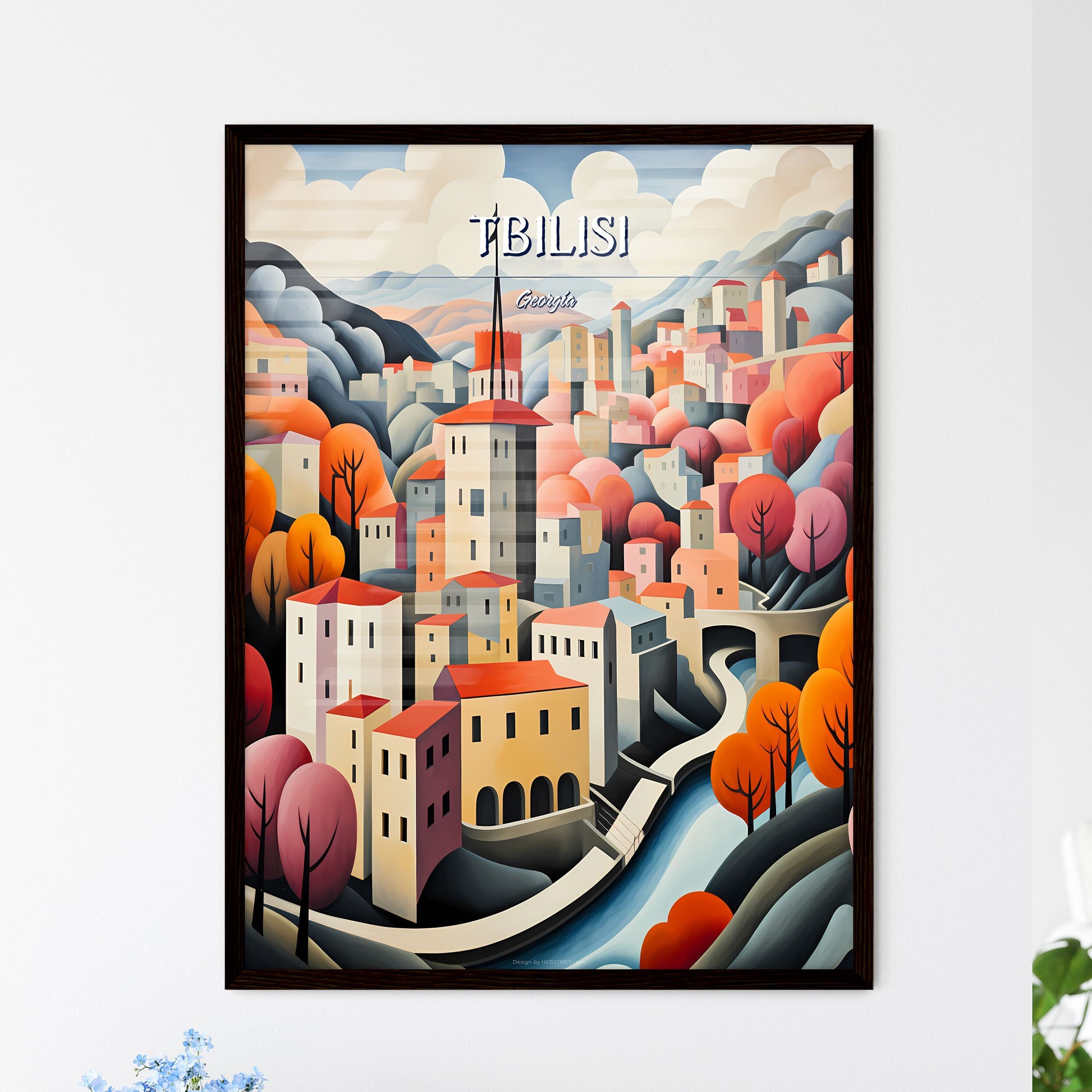 Tbilisi, Georgia - Art print of a painting of a town with a river and trees Framed Art