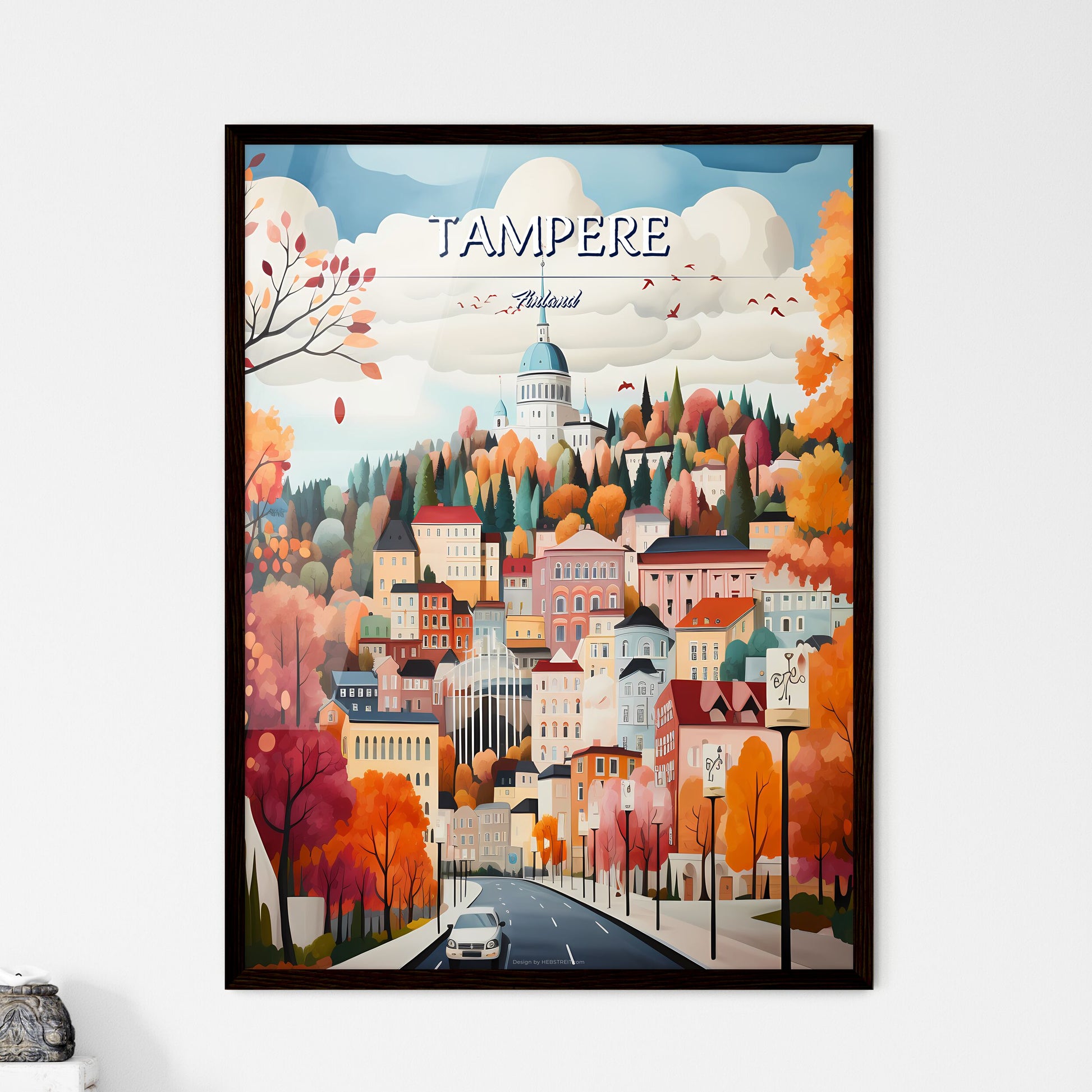 Tampere, Finland - Art print of a painting of a city with trees and a road Framed Art