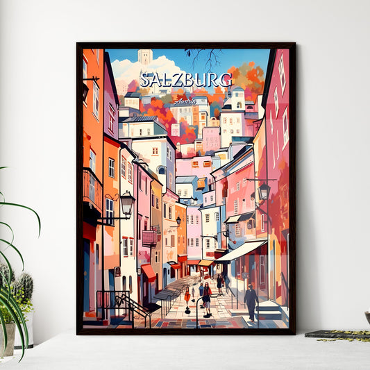 Salzburg, Austria - Art print of a colorful city street with people walking Framed Art