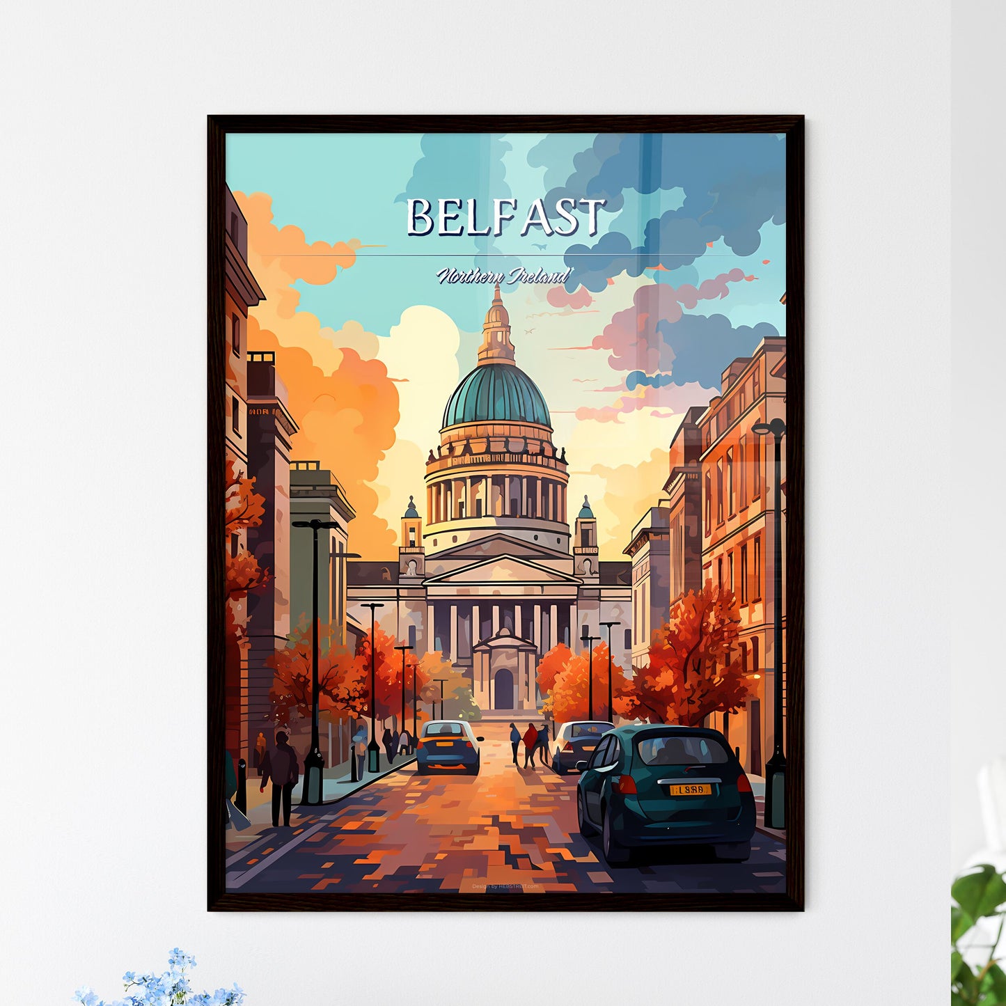 Belfast, Northern Ireland - Art print of a street with cars and a dome on it Framed Art
