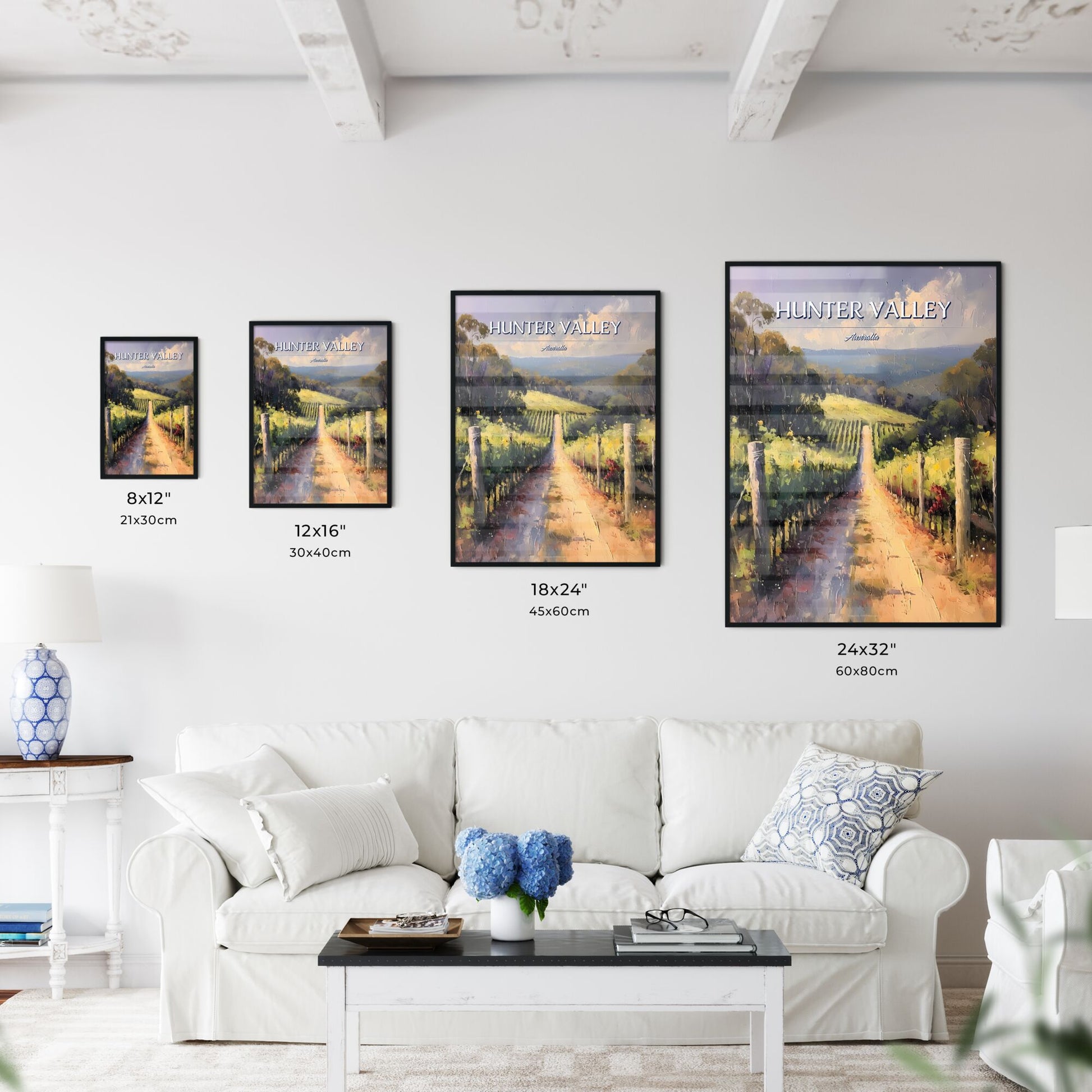 Hunter Valley, Australia - Art print of a painting of a road with rows of vines Default Title