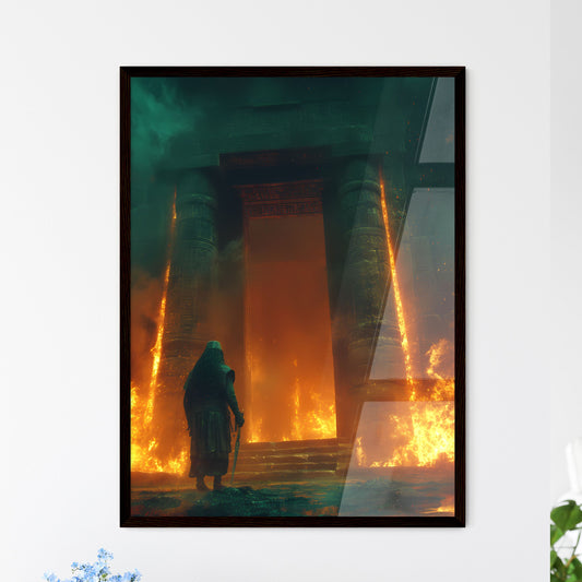 Ancient Israelites at the old ancient prehistoric temple of Solomon - Art print of a man standing in front of a building with a fire coming out of it Default Title