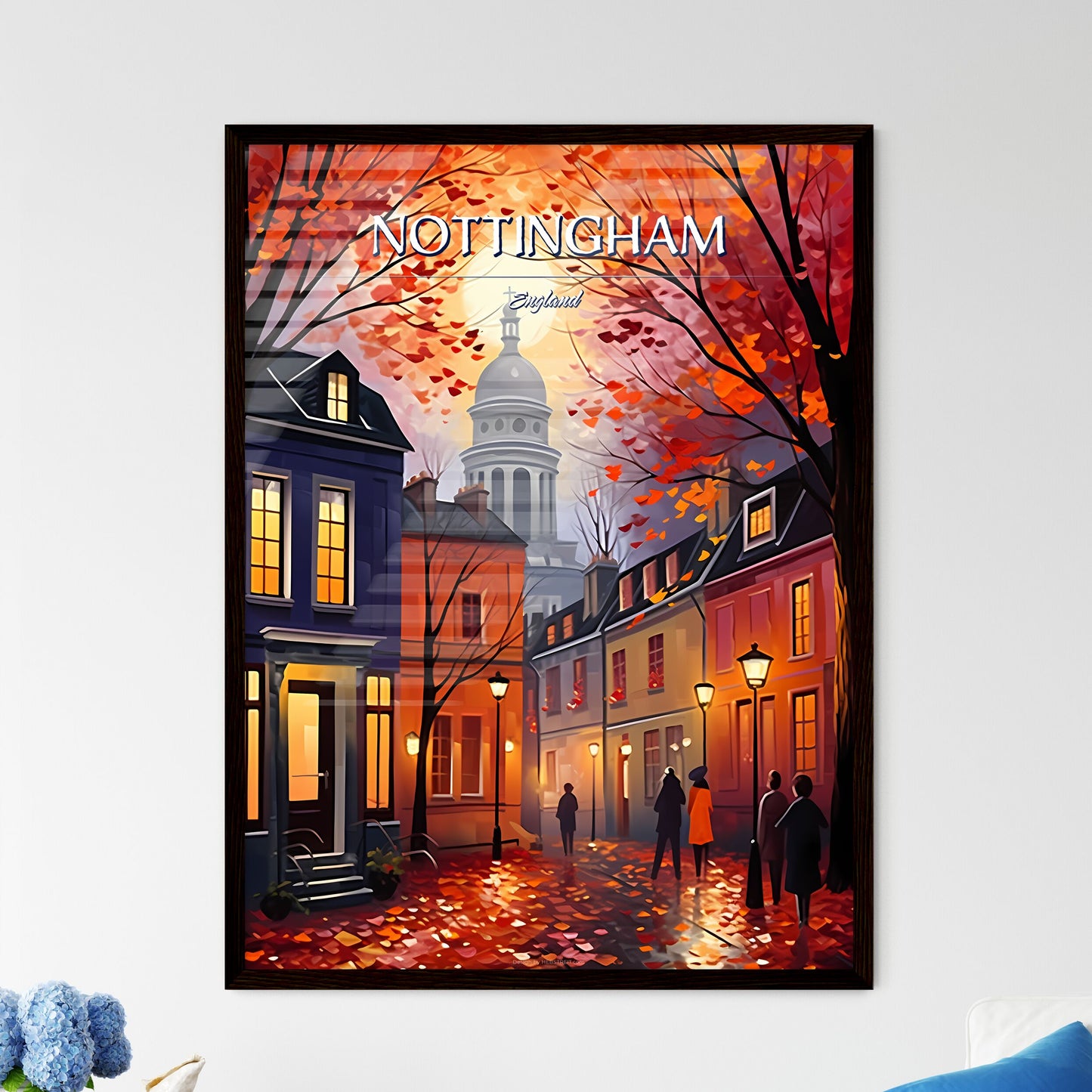 Nottingham, England - Art print of a painting of a street with trees and people walking Framed Art