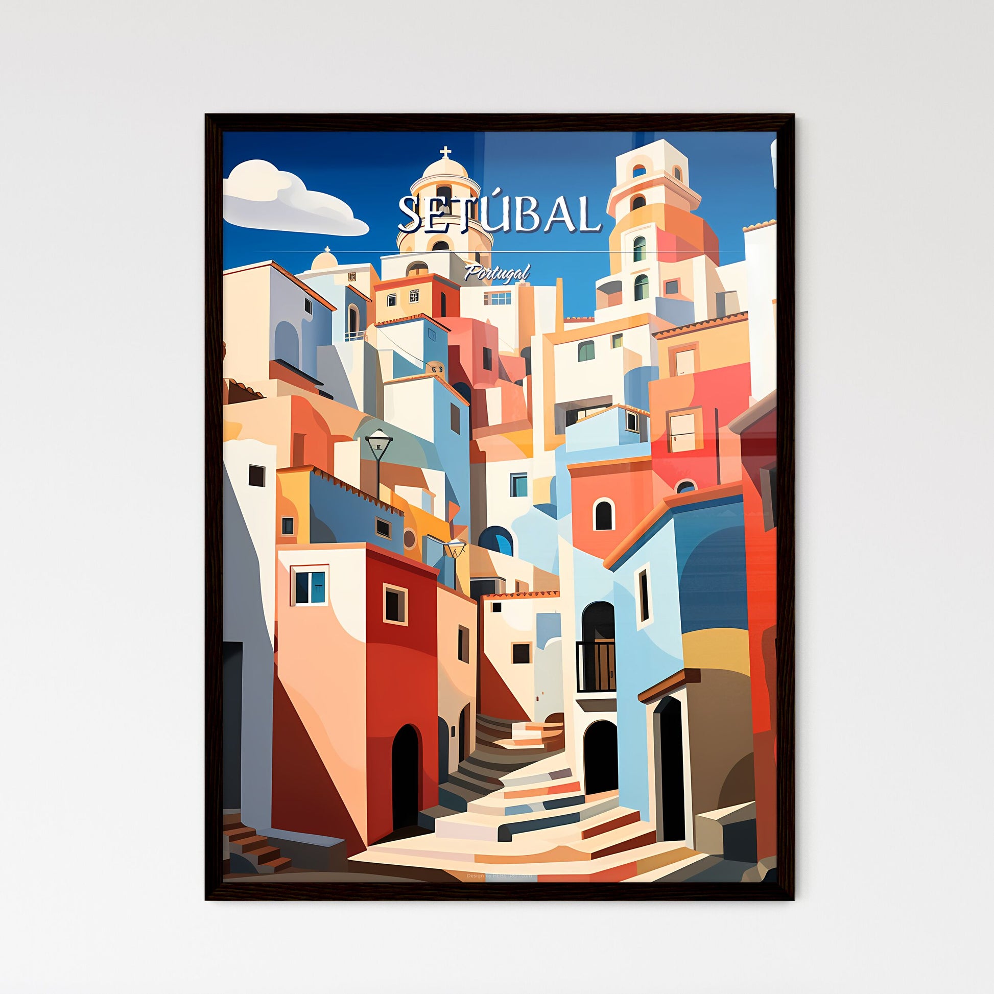 Setúbal, Portugal - Art print of a colorful buildings with stairs and a tower Framed Art