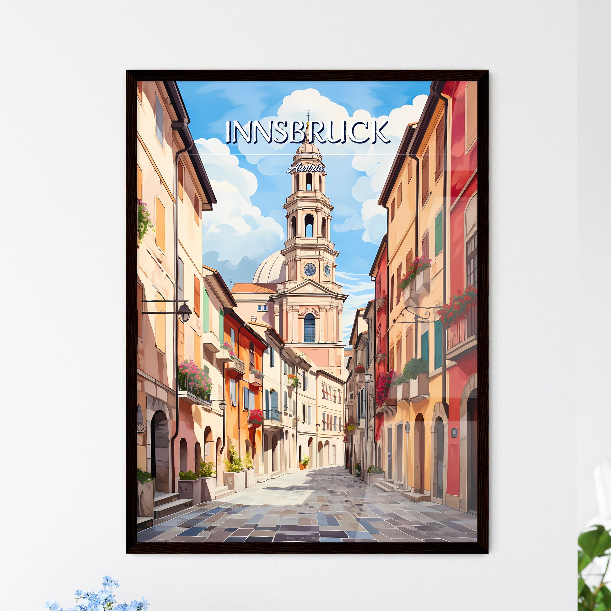 Innsbruck, Austria - Art print of a street with buildings and a tower Framed Art