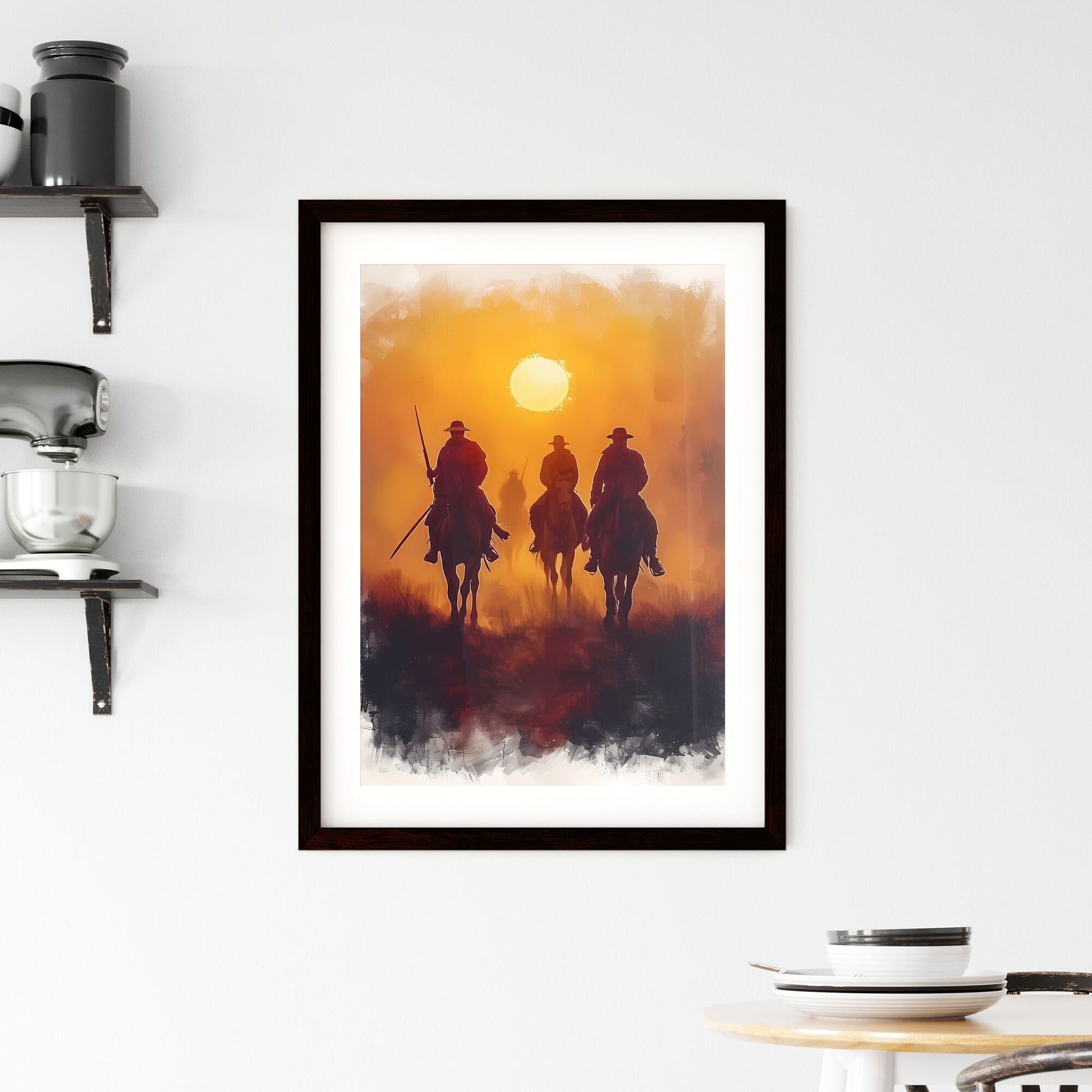 Watercolor of the contrast between the earthly army of the Syrians and the heavenly army of God, on a white background - Art print of a group of men riding horses Default Title