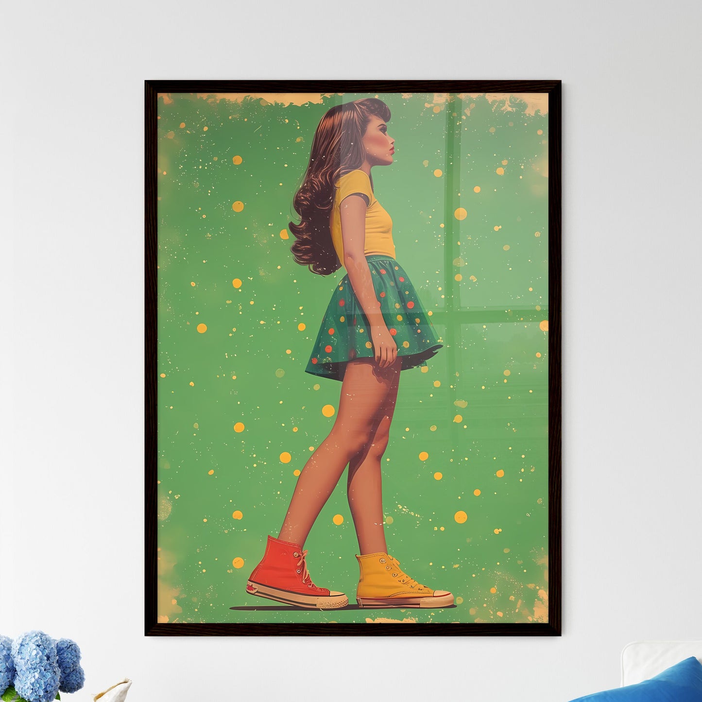 Side profile, illustrative, large outlines, beautiful pin up girl - Art print of a woman in a green skirt and yellow boots Default Title