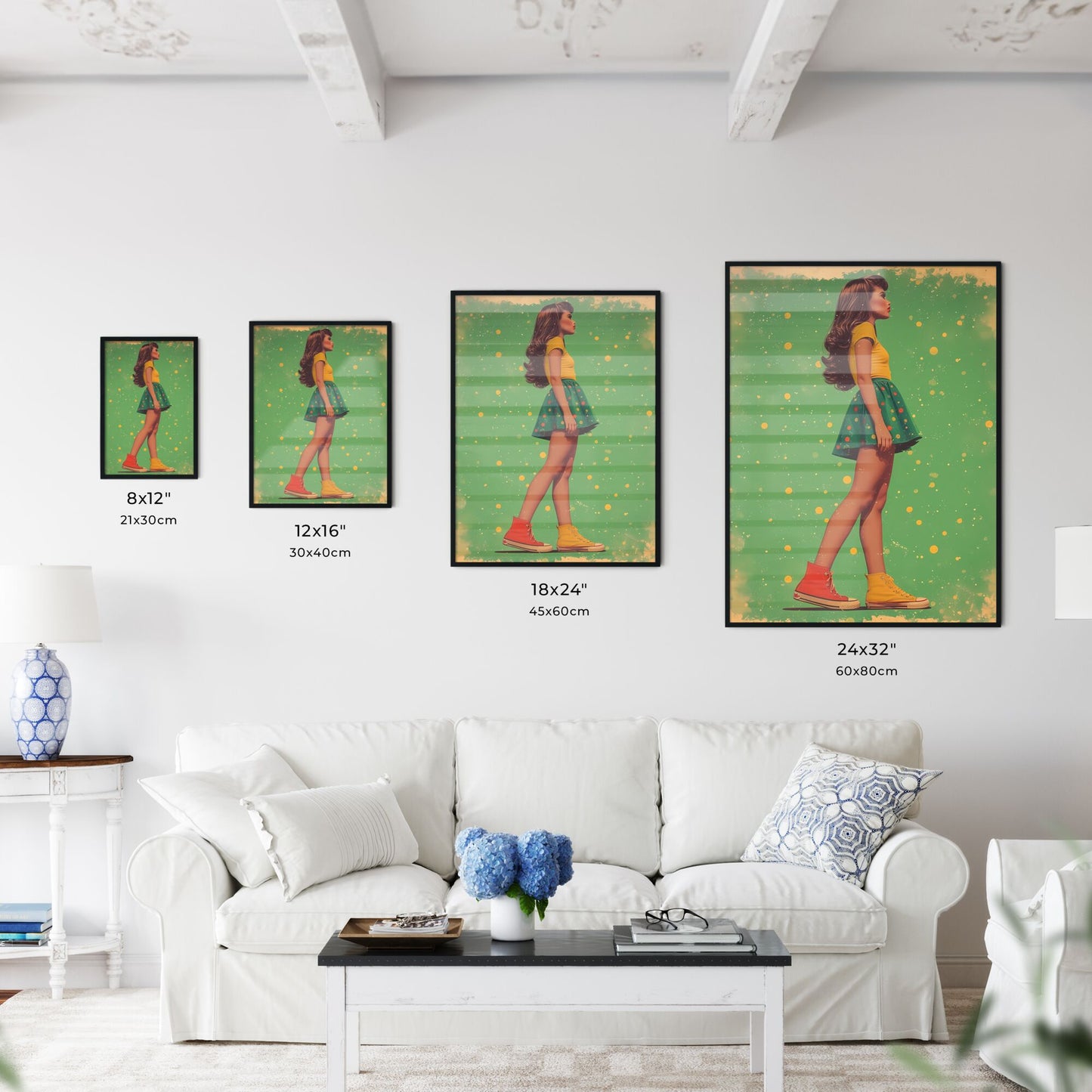 Side profile, illustrative, large outlines, beautiful pin up girl - Art print of a woman in a green skirt and yellow boots Default Title