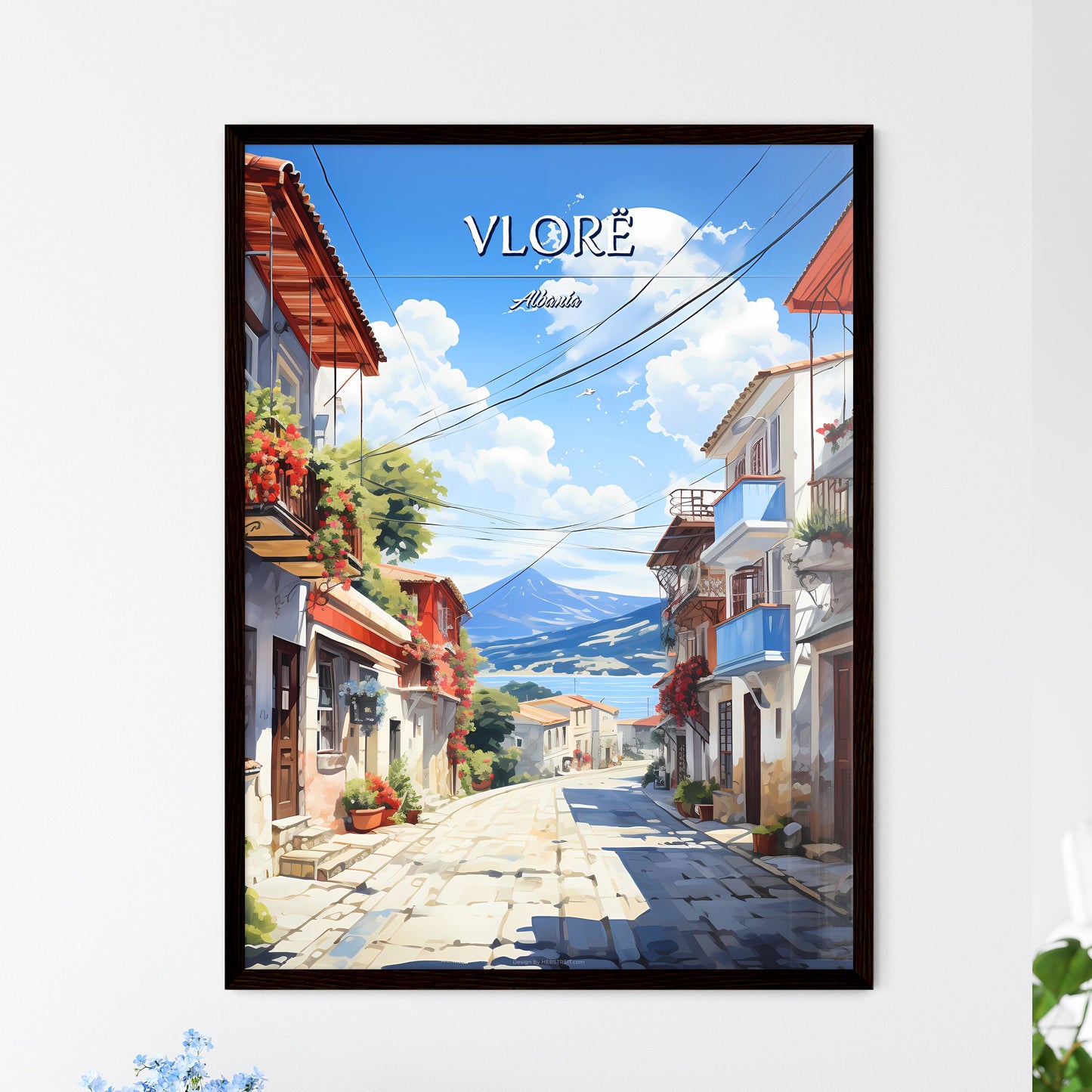 Vlorë, Albania - Art print of a street with buildings and a mountain in the background Framed Art