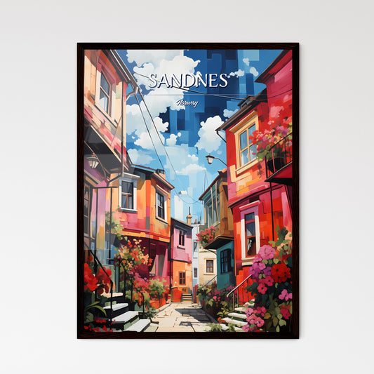 Sandnes, Norway - Art print of a colorful buildings with flowers and stairs Framed Art