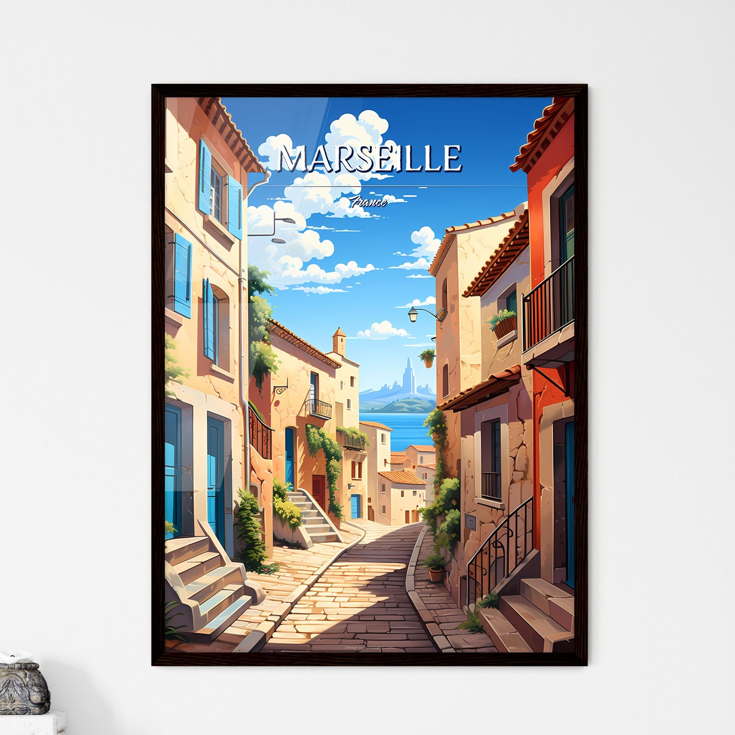 Marseille, France - Art print of a street with buildings and stairs Framed Art