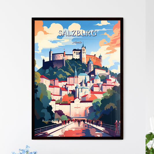 Salzburg, Austria - Art print of a group of people walking on a bridge over a castle hill Framed Art