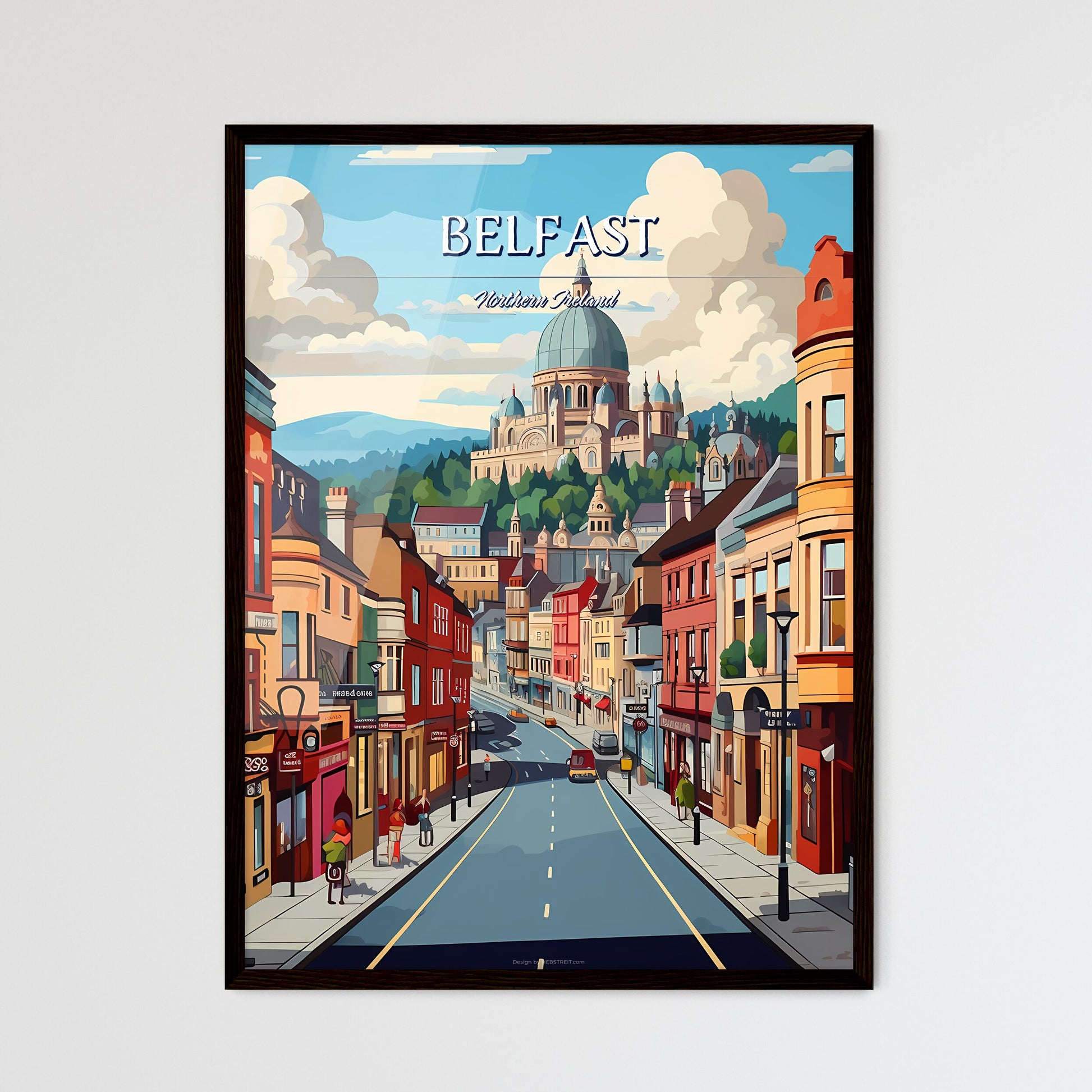 Belfast, Northern Ireland - Art print of a street with buildings and a dome on the hill Framed Art