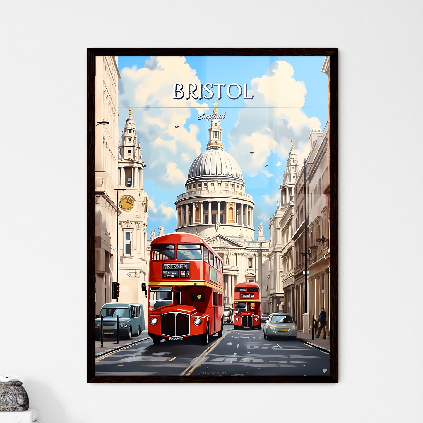 Bristol, England - Art print of a double decker bus on a street in a city Framed Art