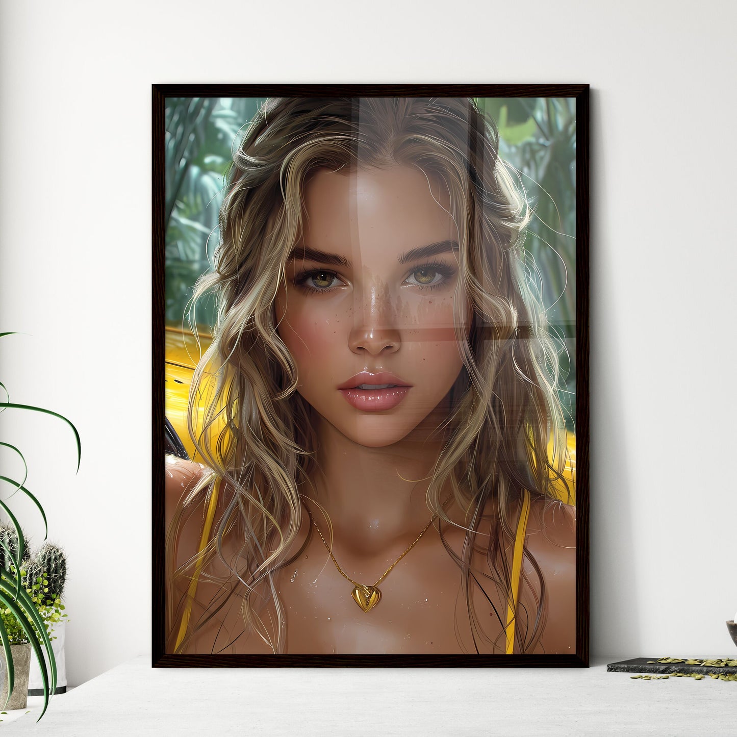 The vintage pin up girl leaning on a car - A - Framed Art Print