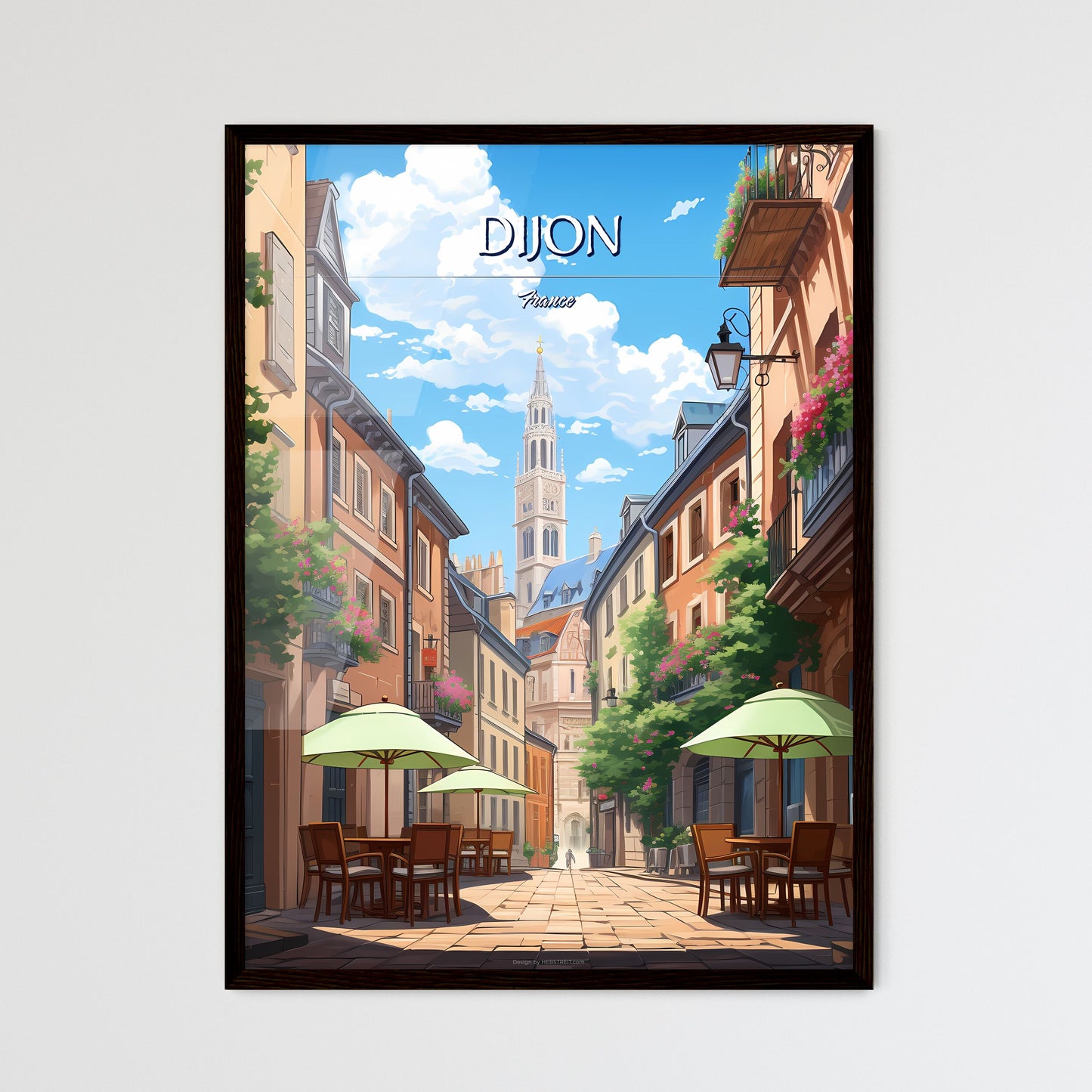 Dijon, France - Art print of a street with tables and chairs and umbrellas in a city Framed Art