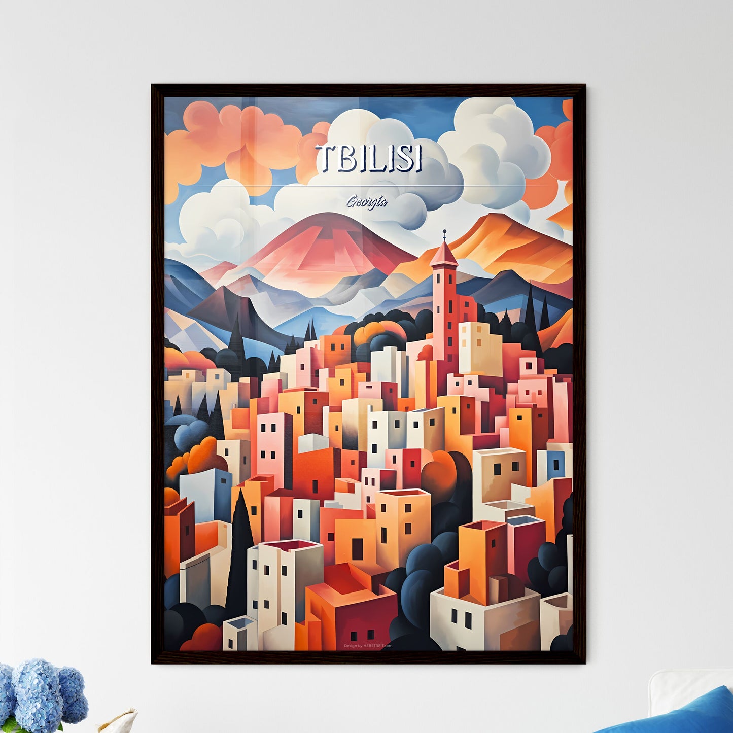 Tbilisi, Georgia - Art print of a painting of a city with mountains and clouds Framed Art
