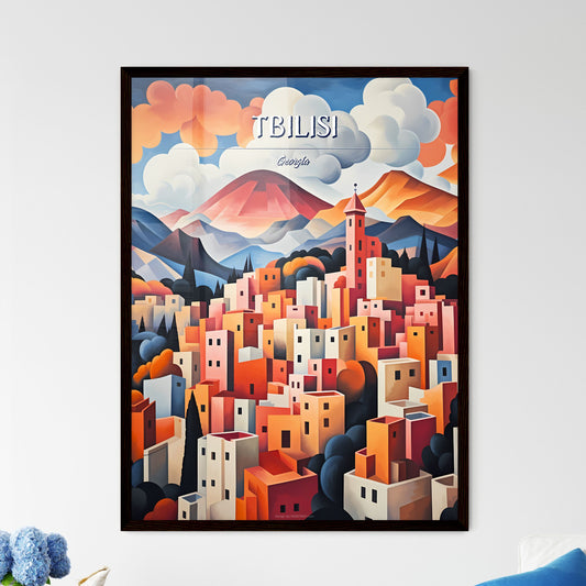 Tbilisi, Georgia - Art print of a painting of a city with mountains and clouds Framed Art