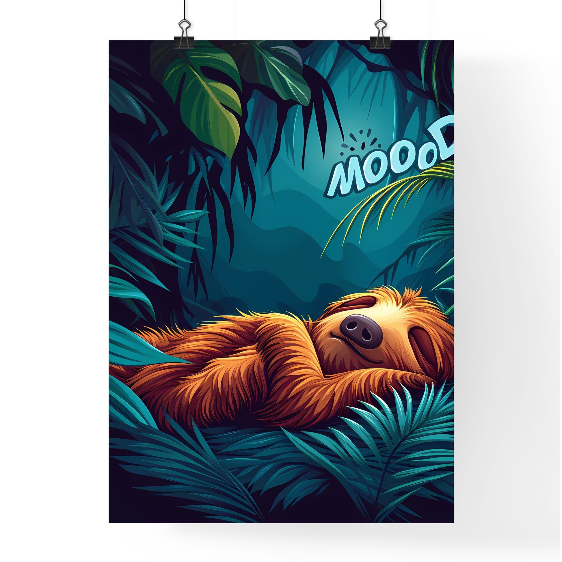 A Poster of Kawaii Sleeping Sloth With Big Letters #Mood Vector Art - A Cartoon Of A Sloth Sleeping In The Jungle Default Title