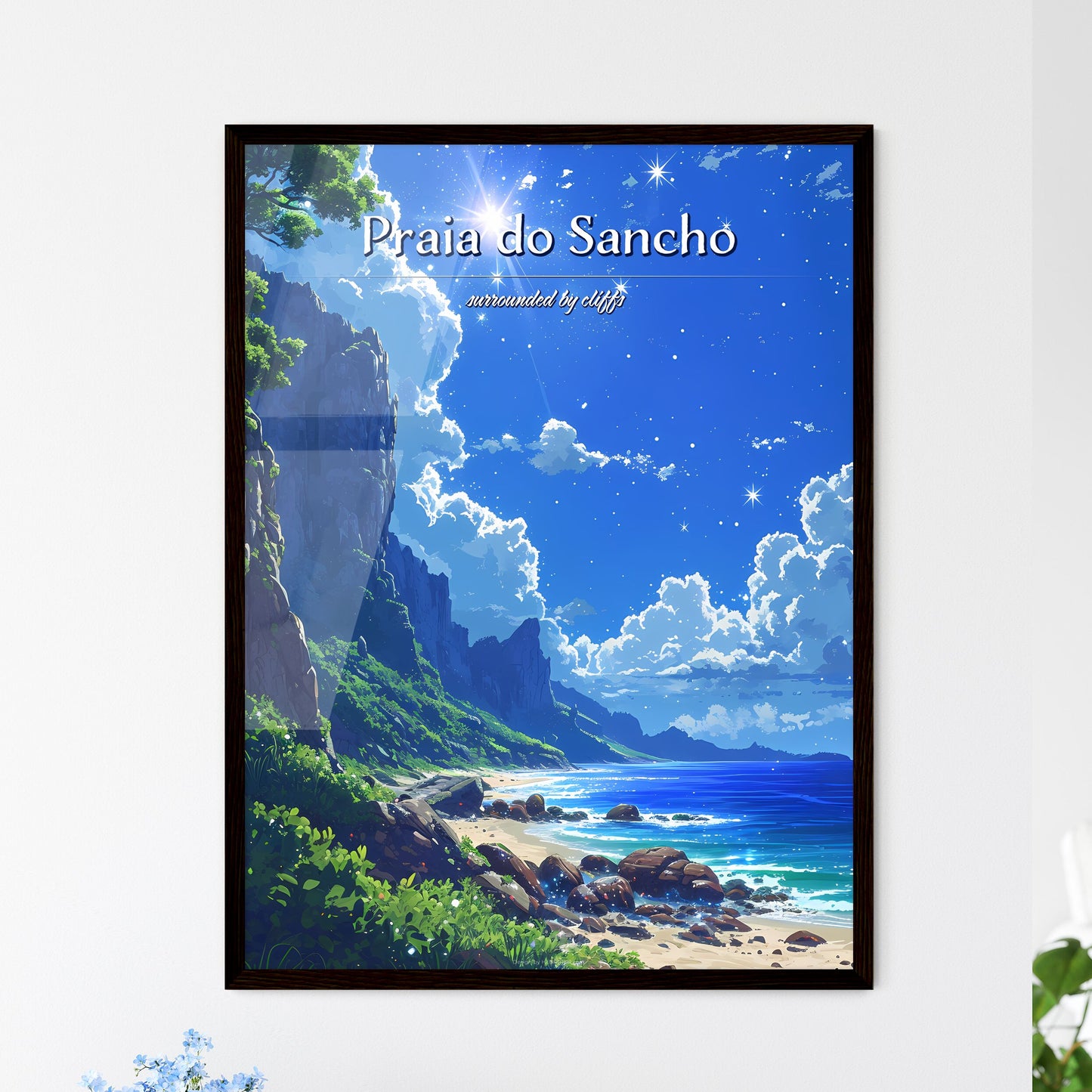 Praia do Sancho Beach - Art print of a beach with rocks and a body of water and a bright star Default Title