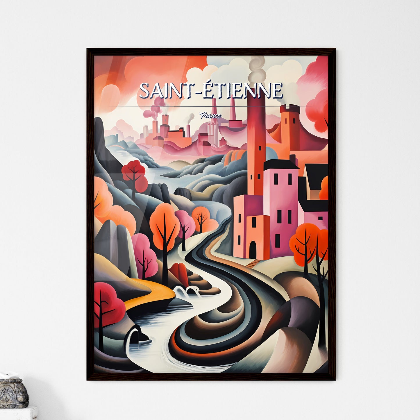 Saint-Étienne, France - Art print of a painting of a town with trees and a river Framed Art