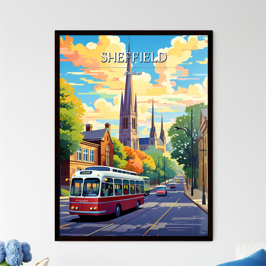 Sheffield, England - Art print of a bus driving down a street with buildings and trees Framed Art