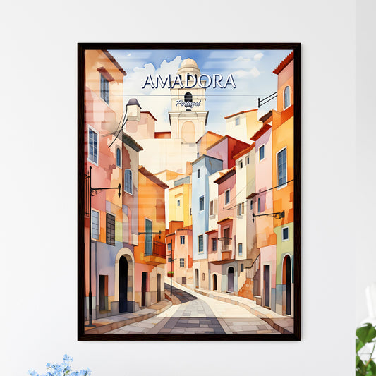 Amadora, Portugal - Art print of a watercolor painting of a street with buildings and a bell tower Framed Art