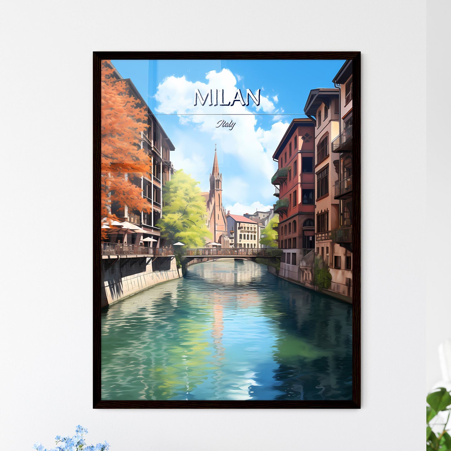 Milan, Italy - Art print of a river with buildings and trees Framed Art