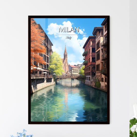 Milan, Italy - Art print of a river with buildings and trees Framed Art