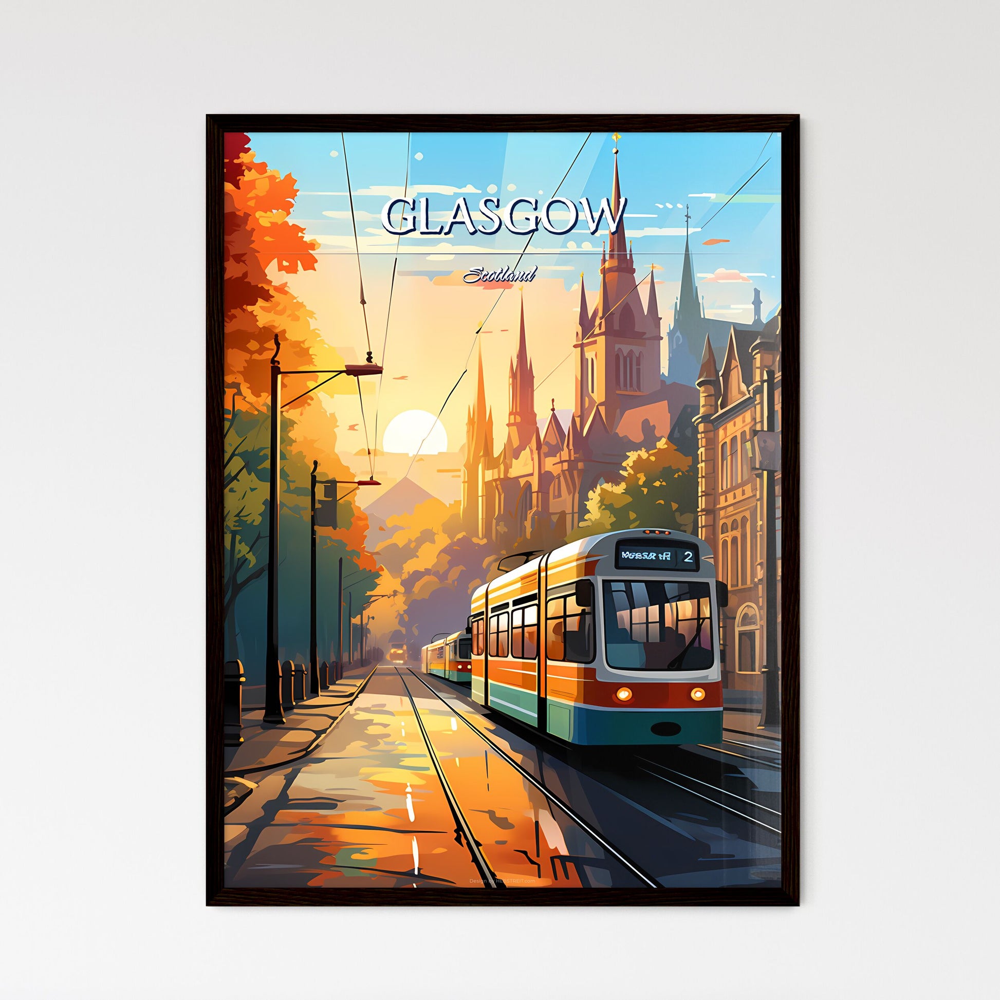 Glasgow, Scotland - Art print of a train on the street Framed Art