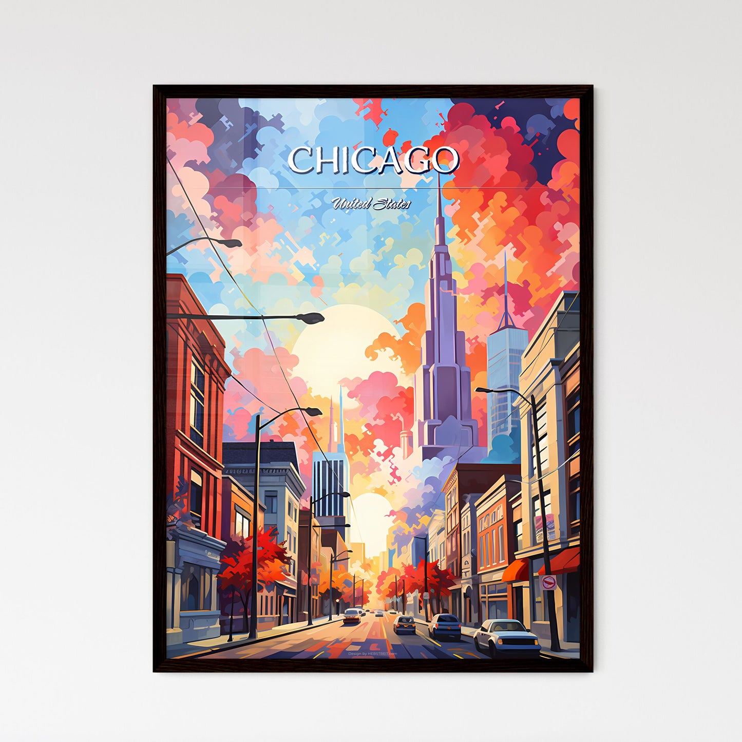 Chicago - Art print of a street with buildings and a colorful sky Framed Art